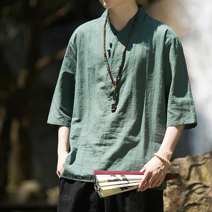 Camicia da uomo in cotone e lino con maniche a tre quarti, casual, tinta unita, due bottoni, Buddha Stones - image 13