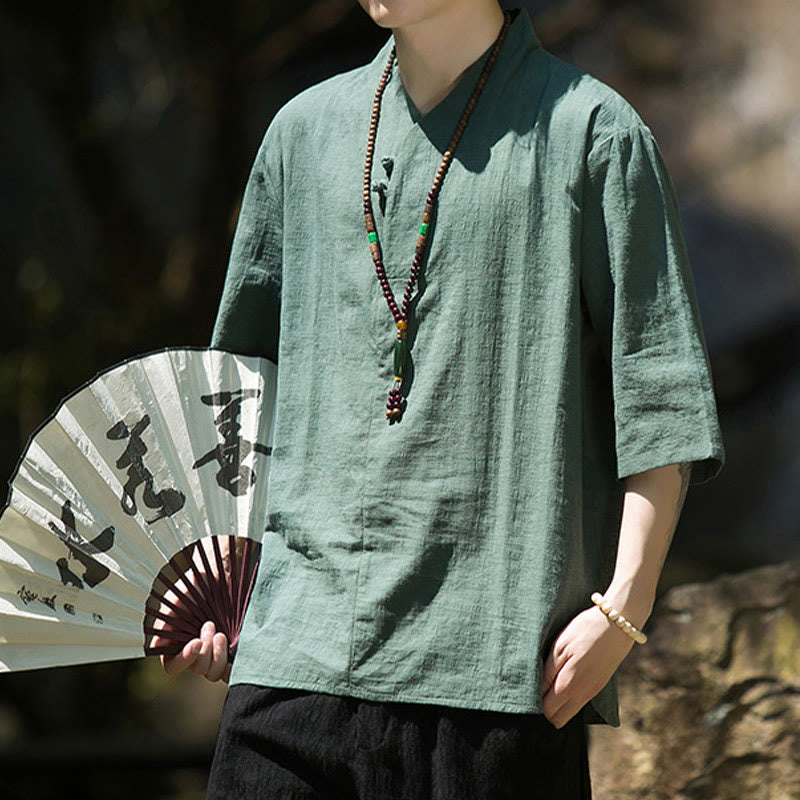 Camicia da uomo in cotone e lino con maniche a tre quarti, casual, tinta unita, due bottoni, Buddha Stones