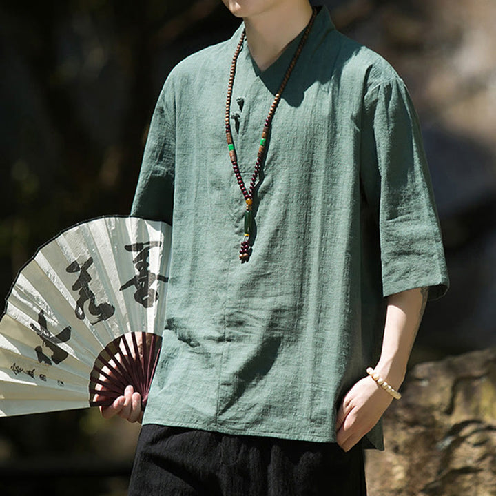 Camicia da uomo in cotone e lino con maniche a tre quarti, casual, tinta unita, due bottoni, Buddha Stones