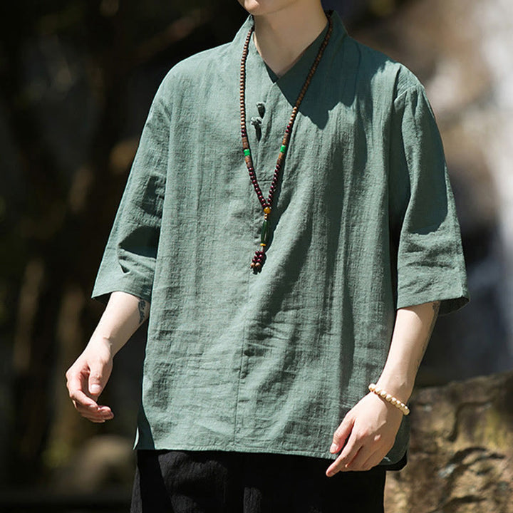 Camicia da uomo in cotone e lino con maniche a tre quarti, casual, tinta unita, due bottoni, Buddha Stones