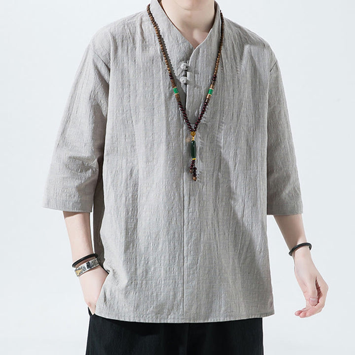 Camicia da uomo in cotone e lino con maniche a tre quarti, casual, tinta unita, due bottoni, Buddha Stones - image 6