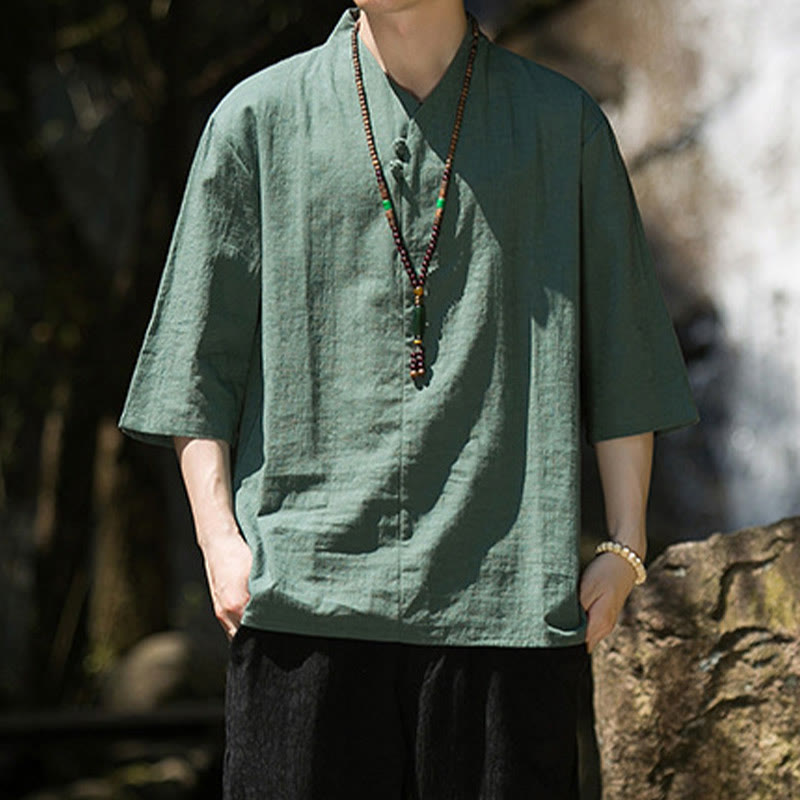 Camicia da uomo in cotone e lino con maniche a tre quarti, casual, tinta unita, due bottoni, Buddha Stones
