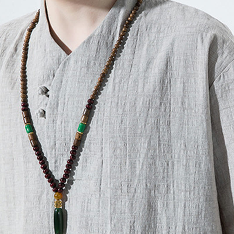 Camicia da uomo in cotone e lino con maniche a tre quarti, casual, tinta unita, due bottoni, Buddha Stones