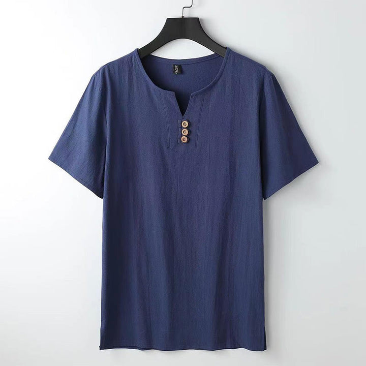 Camicia da uomo in cotone e lino con maniche corte, tinta unita, scollo a V, tre bottoni in alto , Buddha Stones