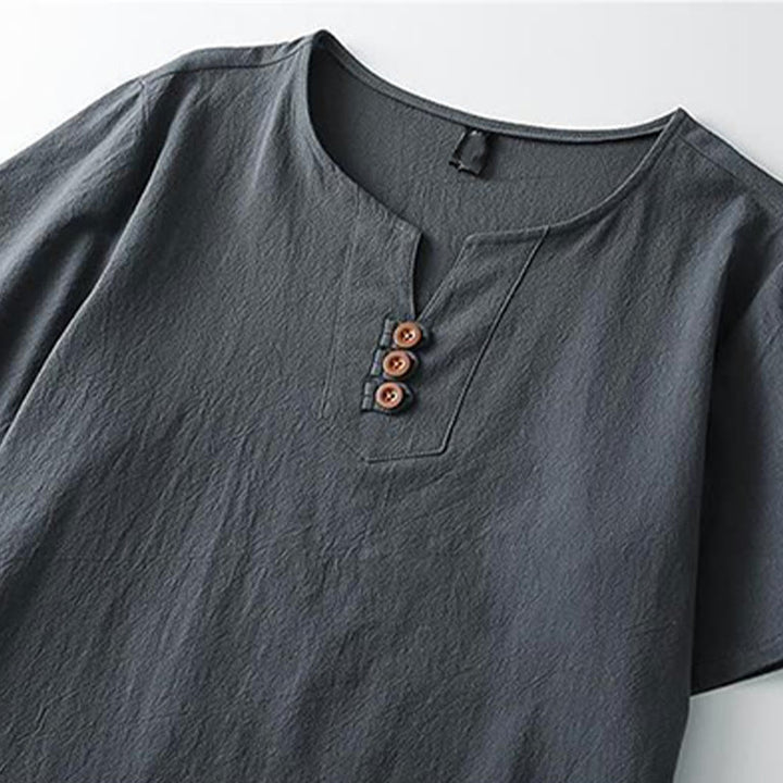 Camicia da uomo in cotone e lino con maniche corte, tinta unita, scollo a V, tre bottoni in alto , Buddha Stones