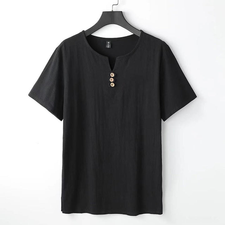 Camicia da uomo in cotone e lino con maniche corte, tinta unita, scollo a V, tre bottoni in alto , Buddha Stones