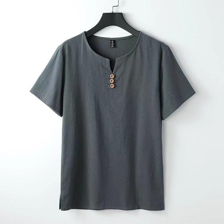 Camicia da uomo in cotone e lino con maniche corte, tinta unita, scollo a V, tre bottoni in alto , Buddha Stones - Grigio - US/UK/AU44, EU54 (5XL) - image 3