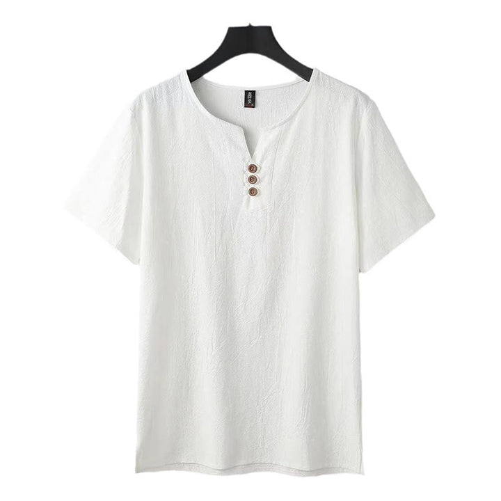 Camicia da uomo in cotone e lino con maniche corte, tinta unita, scollo a V, tre bottoni in alto , Buddha Stones