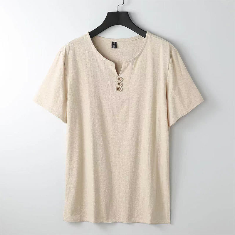 Camicia da uomo in cotone e lino con maniche corte, tinta unita, scollo a V, tre bottoni in alto , Buddha Stones - Grano - US/UK/AU44，EU54 (5XL) - image 0