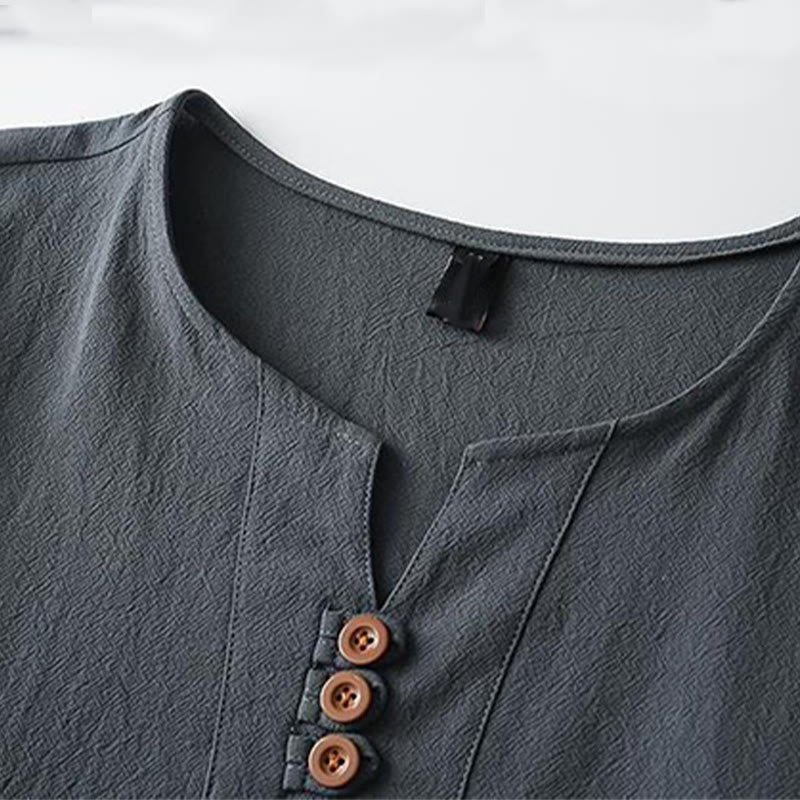 Camicia da uomo in cotone e lino con maniche corte, tinta unita, scollo a V, tre bottoni in alto , Buddha Stones