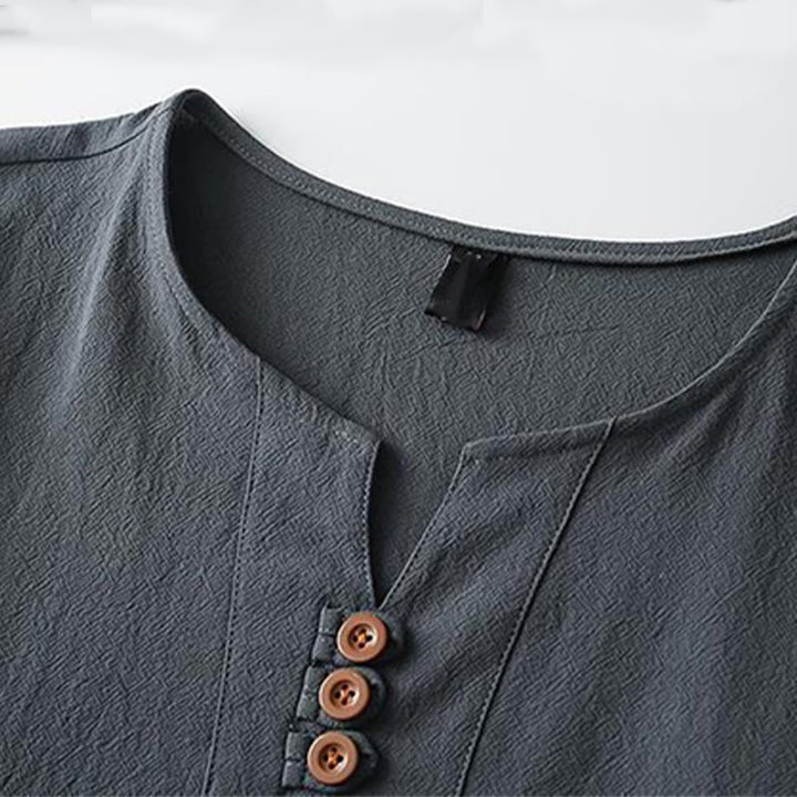 Camicia da uomo in cotone e lino con maniche corte, tinta unita, scollo a V, tre bottoni in alto , Buddha Stones