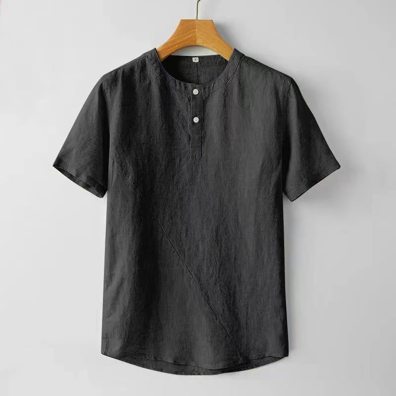 Camicia da uomo in cotone e lino con due bottoni in alto, a maniche corte, tinta unita, Buddha Stones - Nero - US/UK/AU44, EU54 (4XL) - image 4