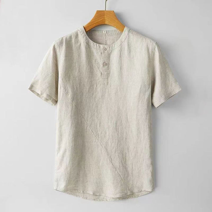 Camicia da uomo a maniche corte, tinta unita, in poliestere e lino, con Buddha Stones e due bottoni. - Beige - US/UK/AU44, EU54 (4XL) - image 6