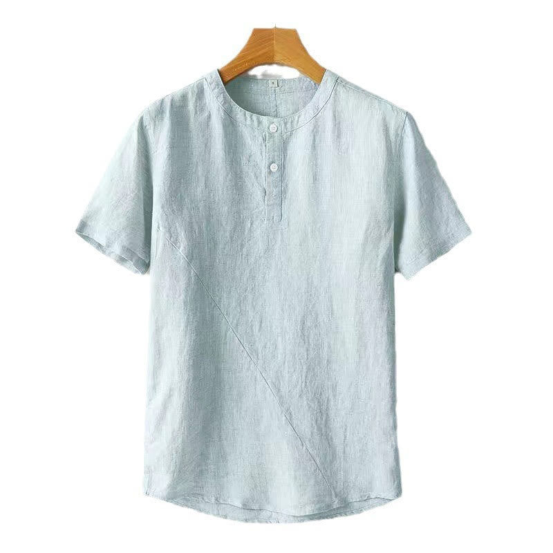 Camicia da uomo in cotone e lino con due bottoni in alto, a maniche corte, tinta unita, Buddha Stones - image 9