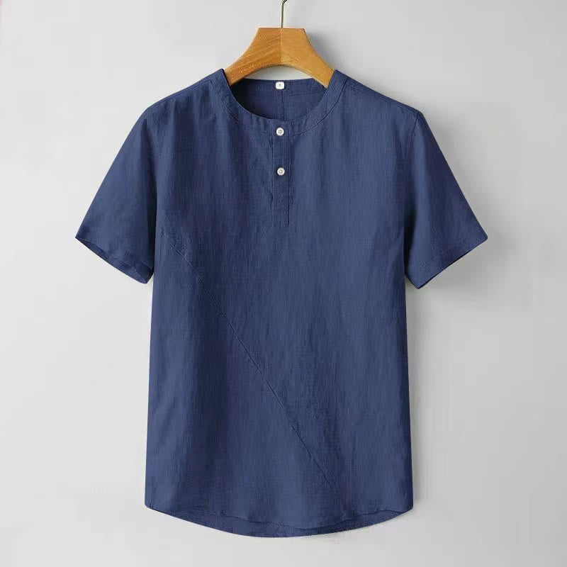 Camicia da uomo in cotone e lino con due bottoni in alto, a maniche corte, tinta unita, Buddha Stones - Blu scuro - US/UK/AU44, EU54 (4XL) - image 0