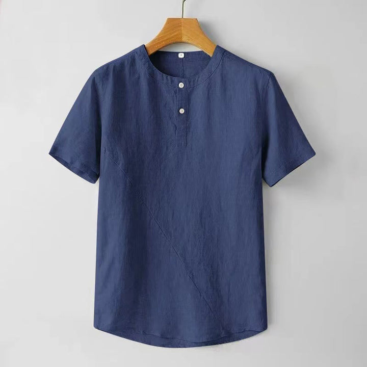 Camicia da uomo in cotone e lino con due bottoni in alto, a maniche corte, tinta unita, Buddha Stones - Blu scuro - US/UK/AU44, EU54 (4XL) - image 0