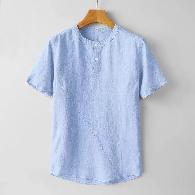 Camicia da uomo in cotone e lino con due bottoni in alto, a maniche corte, tinta unita, Buddha Stones - AzzurroCielo Chiaro - US/UK/AU44, EU54 (4XL) - image 7