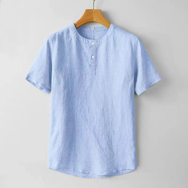 Camicia da uomo in cotone e lino con due bottoni in alto, a maniche corte, tinta unita, Buddha Stones - AzzurroCielo Chiaro - US/UK/AU44, EU54 (4XL) - image 7