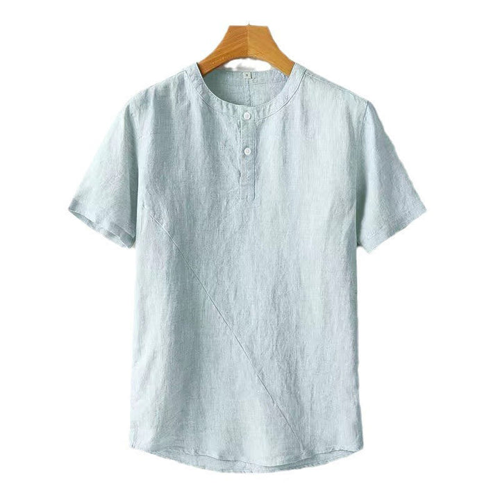 Camicia da uomo a maniche corte, tinta unita, in poliestere e lino, con Buddha Stones e due bottoni. - image 9