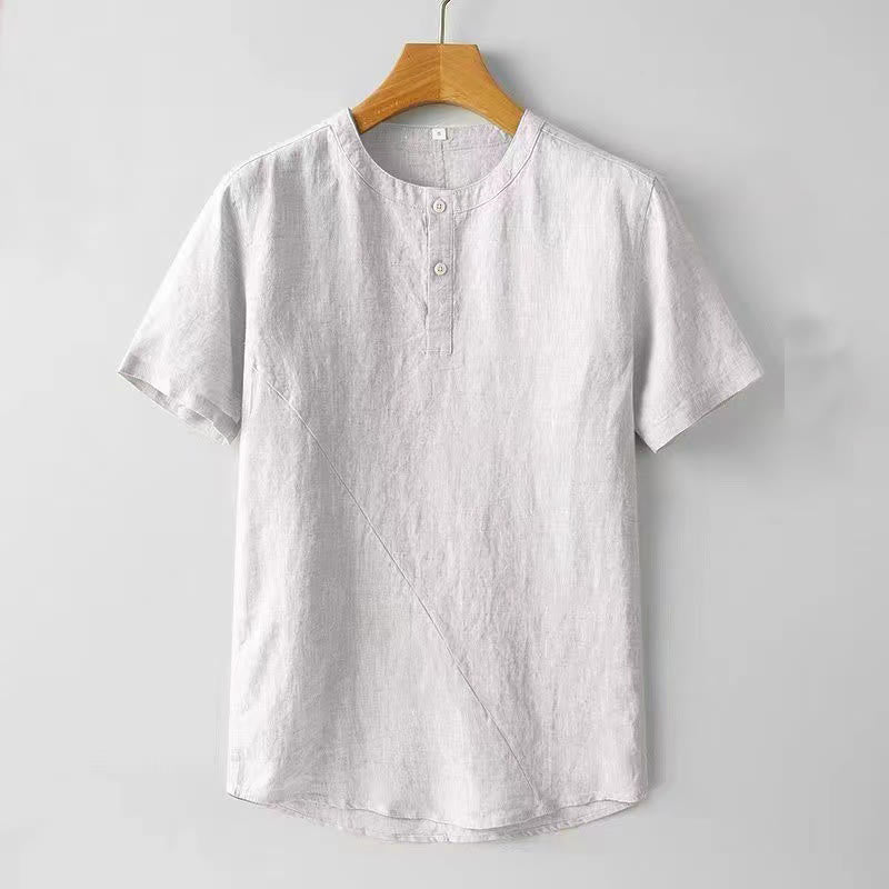Camicia da uomo in cotone e lino con due bottoni in alto, a maniche corte, tinta unita, Buddha Stones - Fumo bianco - US/UK/AU44, EU54 (4XL) - image 3