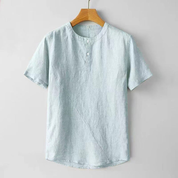 Camicia da uomo in cotone e lino con due bottoni in alto, a maniche corte, tinta unita, Buddha Stones - Azzurro chiaro - US/UK/AU44, EU54 (4XL) - image 8