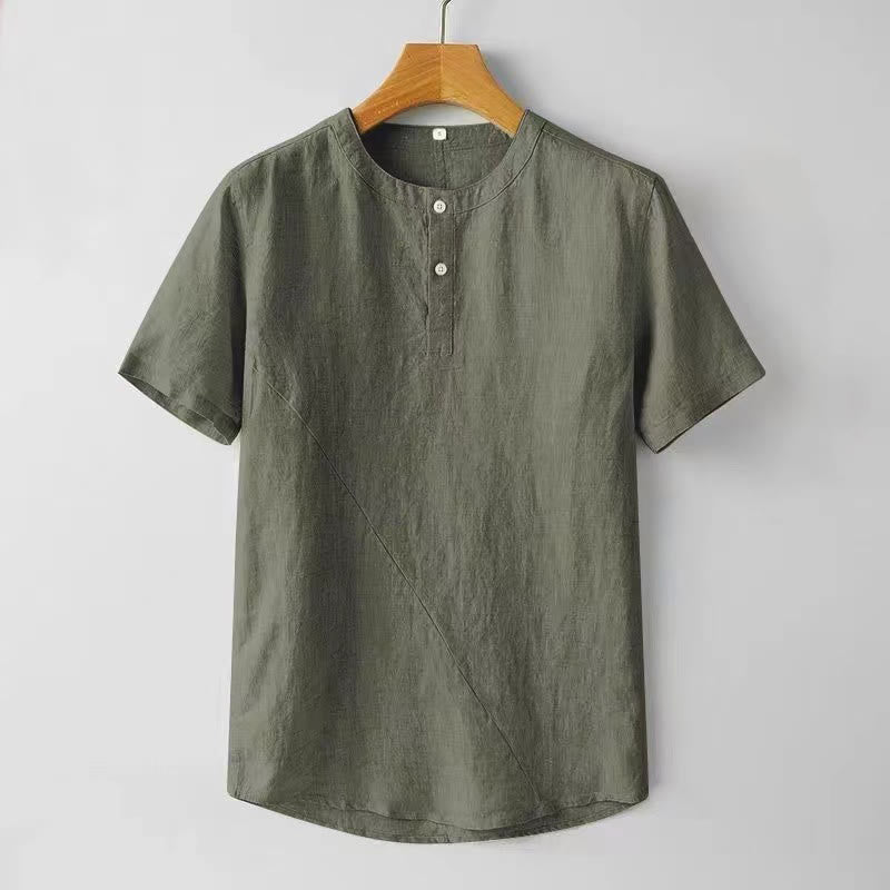 Camicia da uomo in cotone e lino con due bottoni in alto, a maniche corte, tinta unita, Buddha Stones - Oliva - US/UK/AU44, EU54 (4XL) - image 10