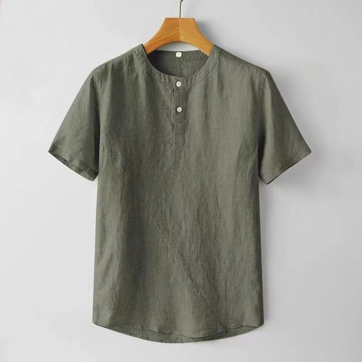 Camicia da uomo in cotone e lino con due bottoni in alto, a maniche corte, tinta unita, Buddha Stones - Oliva - US/UK/AU44, EU54 (4XL) - image 10