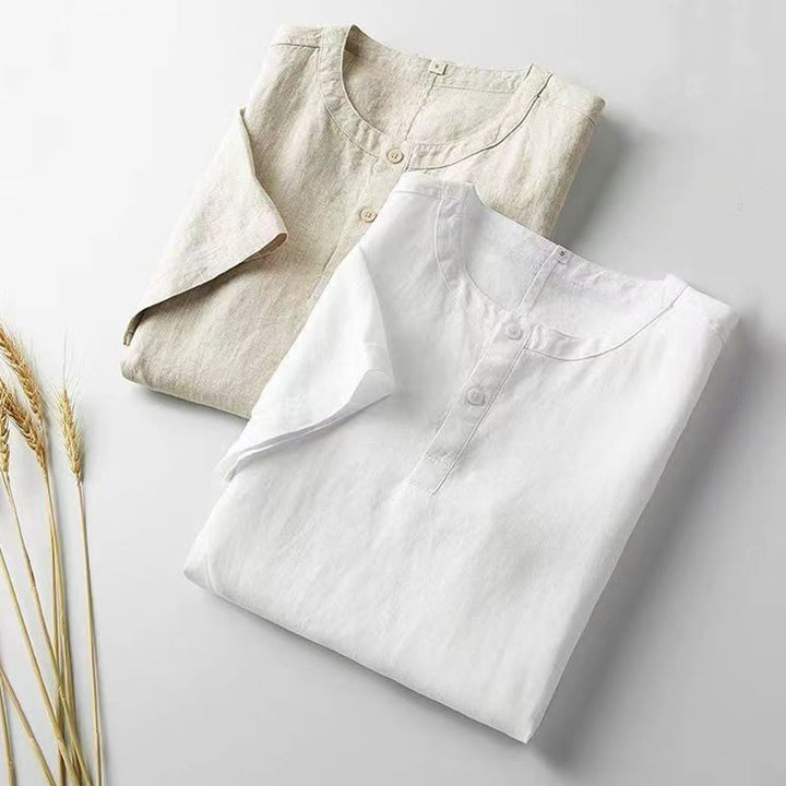 Camicia da uomo in cotone e lino con due bottoni in alto, a maniche corte, tinta unita, Buddha Stones - image 1