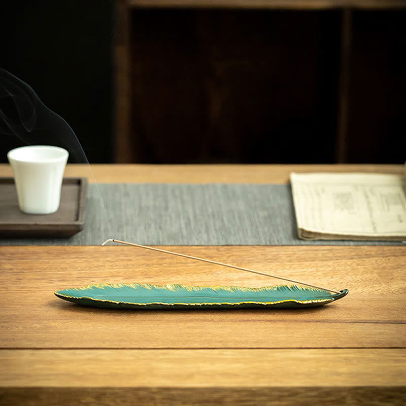 Buddha Stones Piuma verde Bordo dorato Bruciatore di incenso in ceramica Decorazione - image 7