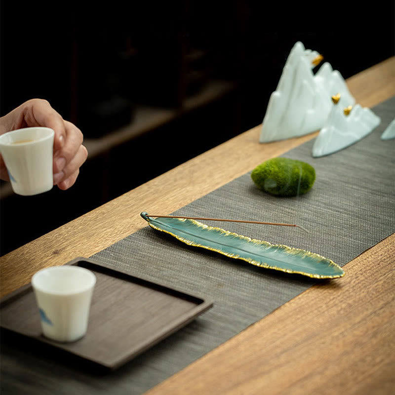 Buddha Stones Piuma verde Bordo dorato Bruciatore di incenso in ceramica Decorazione - image 6