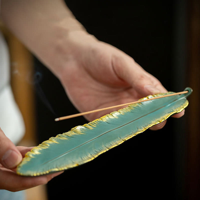 Buddha Stones Piuma verde Bordo dorato Bruciatore di incenso in ceramica Decorazione - image 5