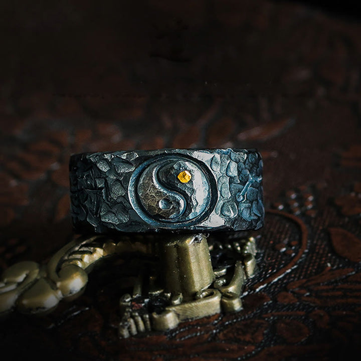 Anello in argento sterling 999 Buddha Stones simbolo dell'equilibrio Yin Yang