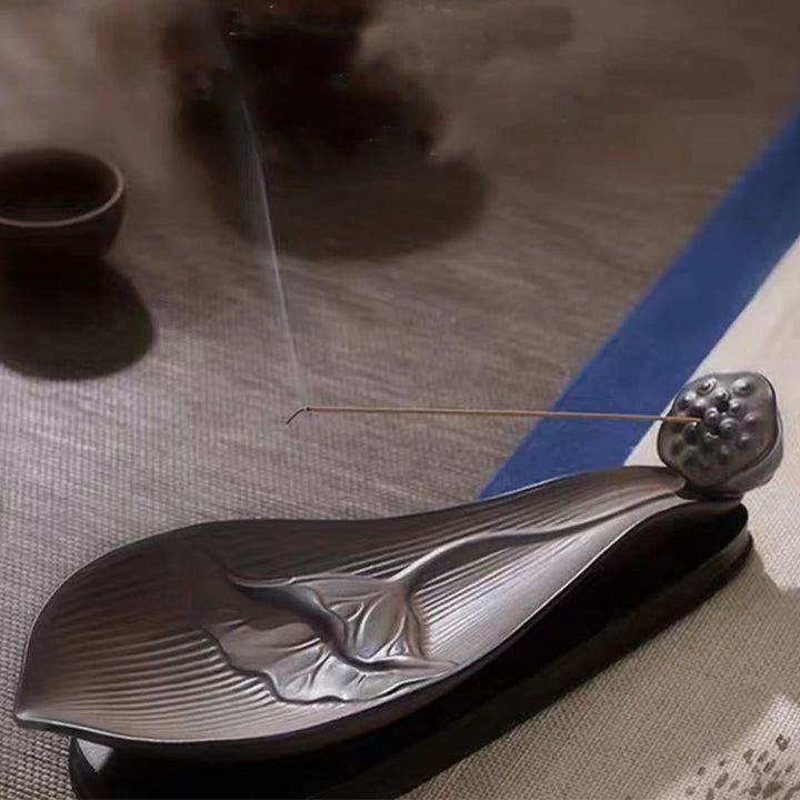 Buddha Stones Lotus Pod Zen Guarigione Marrone Ceramica Bastoncino Bruciatore Incenso Decorazione - image 3