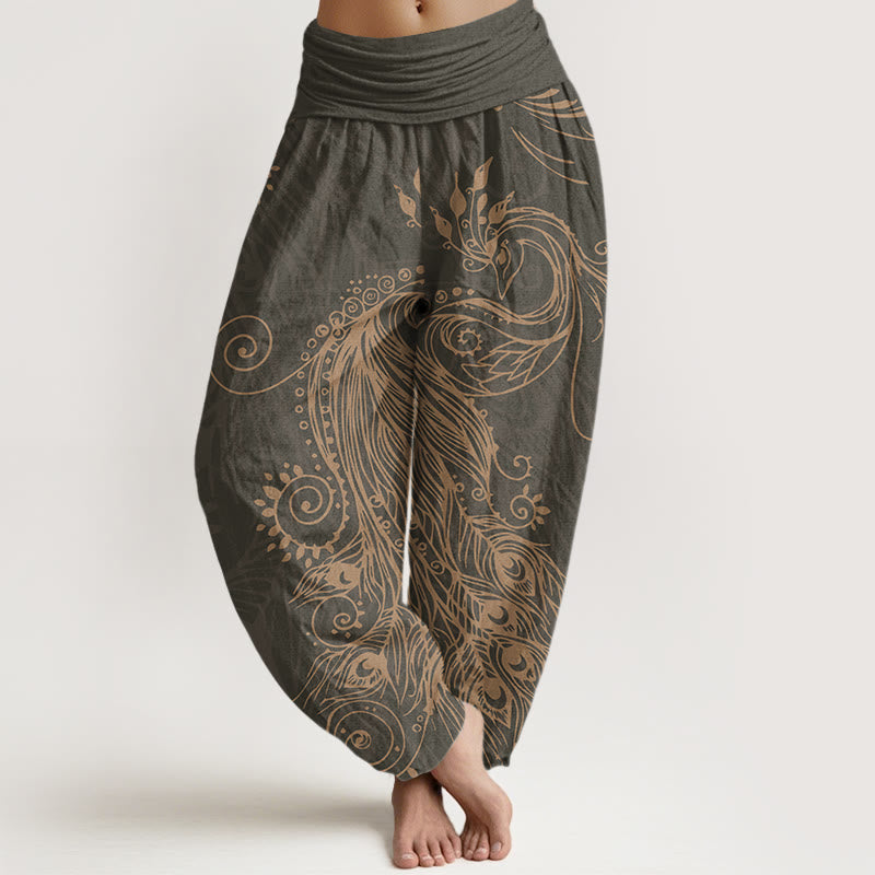 Pantaloni harem da donna con elastico in vita, in cotone, casual, con motivo a pavone, motivo Buddha Stones - Grigio tenue - US22, UK/AU26, EU54 (6XL) - image 0