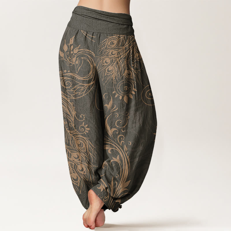 Pantaloni harem da donna con elastico in vita, in cotone, casual, con motivo a pavone, motivo Buddha Stones - image 1
