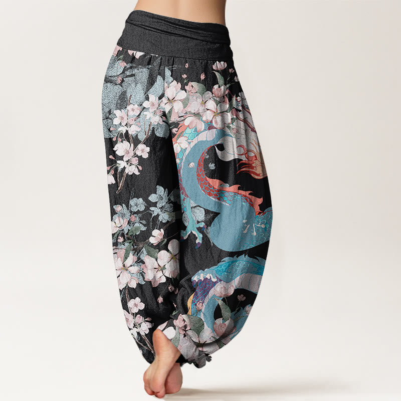 Pantaloni harem da donna con elastico in vita, in cotone, casual, con drago e fiori di ciliegio, motivo Buddha Stones - image 1