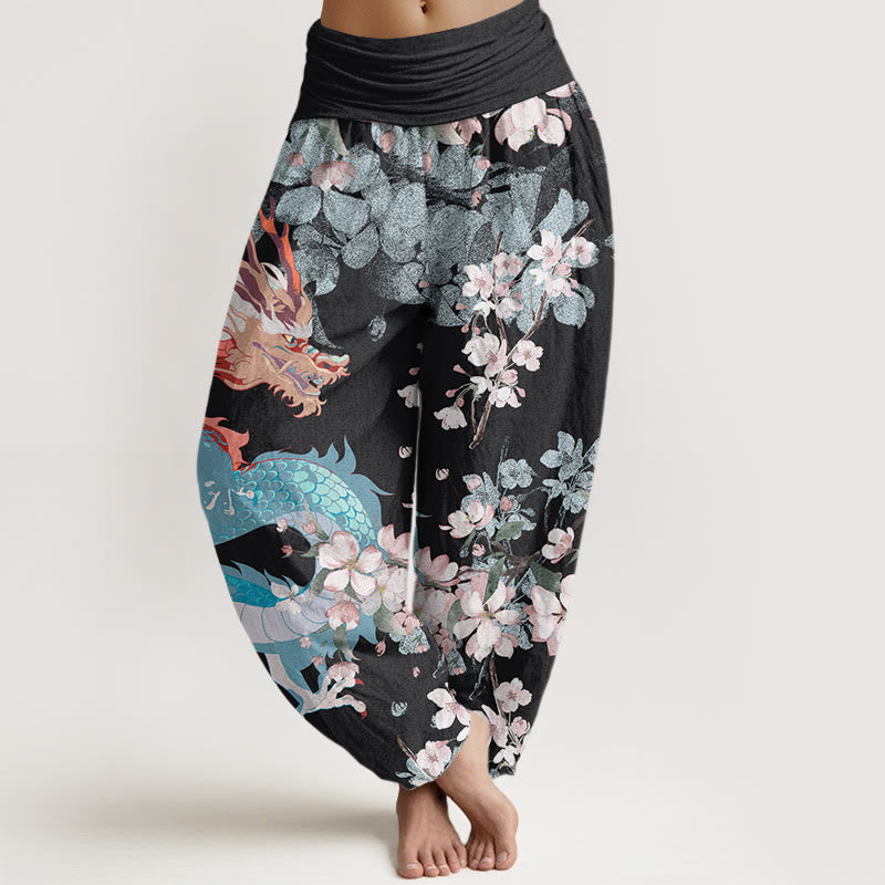Pantaloni harem da donna con elastico in vita, in cotone, casual, con drago e fiori di ciliegio, motivo Buddha Stones - Nero - US22, UK/AU26, EU54 (6XL) - image 0