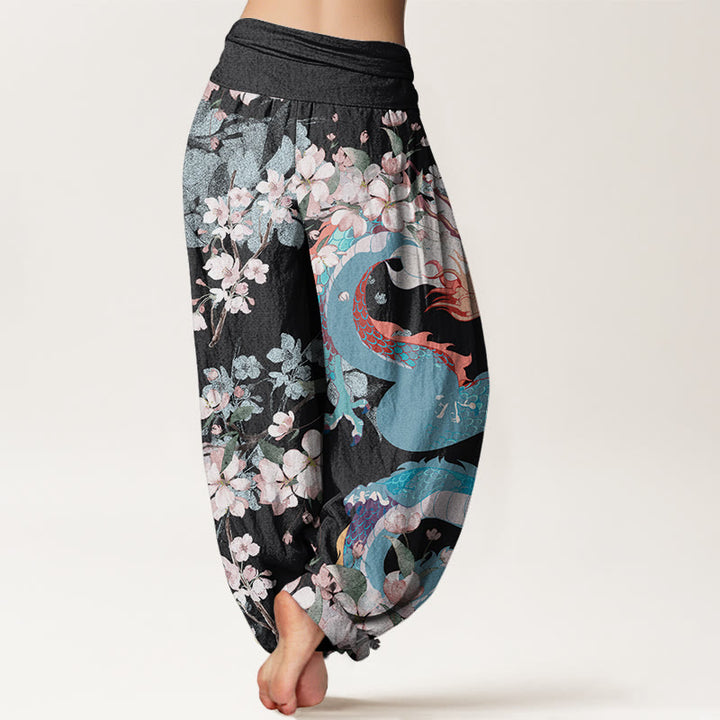 Pantaloni harem da donna con elastico in vita, in cotone, casual, con drago e fiori di ciliegio, motivo Buddha Stones - image 1