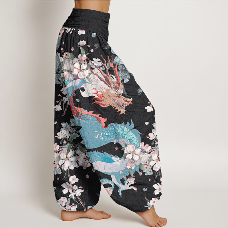 Pantaloni harem da donna con elastico in vita, in cotone, casual, con drago e fiori di ciliegio, motivo Buddha Stones - image 2