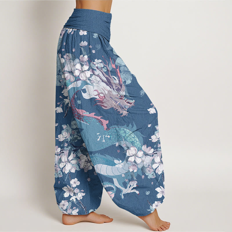 Pantaloni harem da donna con elastico in vita, in cotone, casual, con drago e fiori di ciliegio, motivo Buddha Stones - image 6