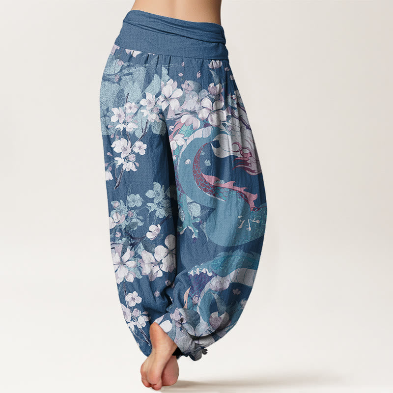 Pantaloni harem da donna con elastico in vita, in cotone, casual, con drago e fiori di ciliegio, motivo Buddha Stones - image 5