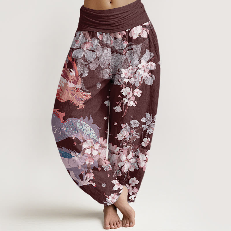 Pantaloni harem elastici in vita da donna con motivo Buddha Stones Casual Dragon Cherry Blossoms - Marrone - US22, UK/AU26, EU54 (6XL) - image 8