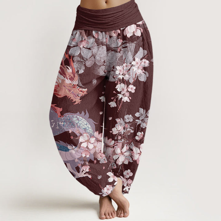Pantaloni harem elastici in vita da donna con motivo Buddha Stones Casual Dragon Cherry Blossoms - Marrone - US22, UK/AU26, EU54 (6XL) - image 8
