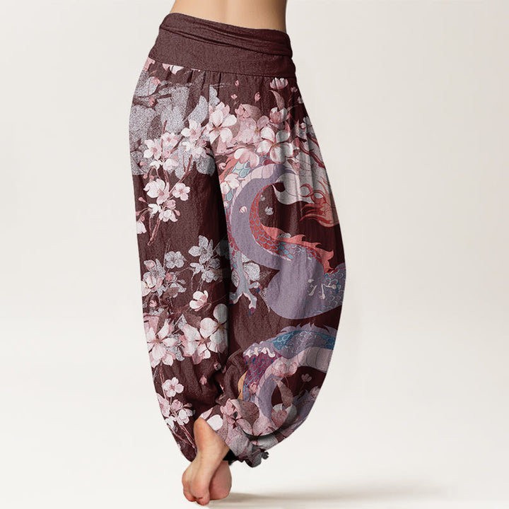 Pantaloni harem da donna con elastico in vita, in cotone, casual, con drago e fiori di ciliegio, motivo Buddha Stones - image 8