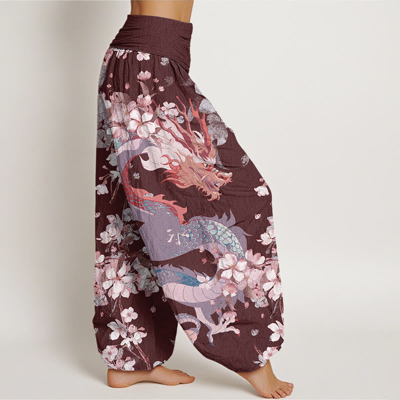 Pantaloni harem da donna con elastico in vita, in cotone, casual, con drago e fiori di ciliegio, motivo Buddha Stones - image 9