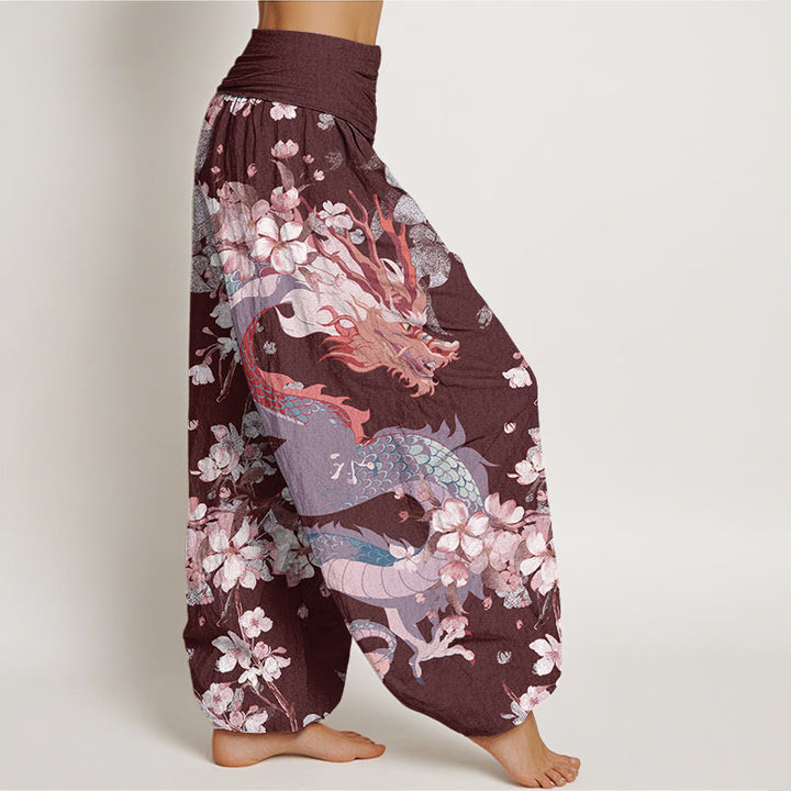 Pantaloni harem da donna con elastico in vita, in cotone, casual, con drago e fiori di ciliegio, motivo Buddha Stones - image 9