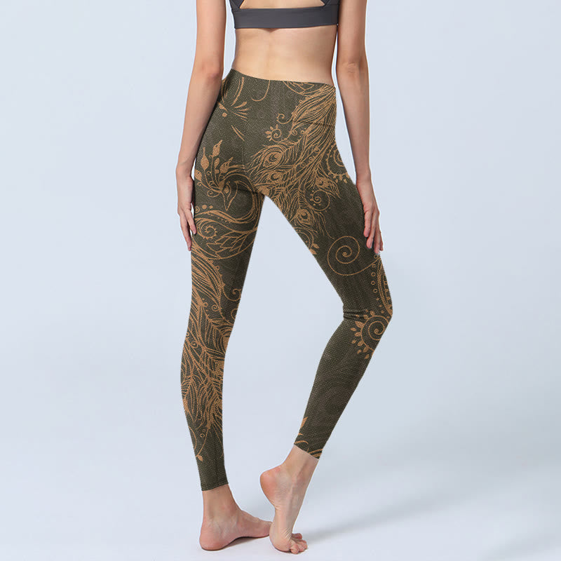 Leggings da palestra con stampa di piume di pavone e Buddha Stones, pantaloni da yoga da donna
