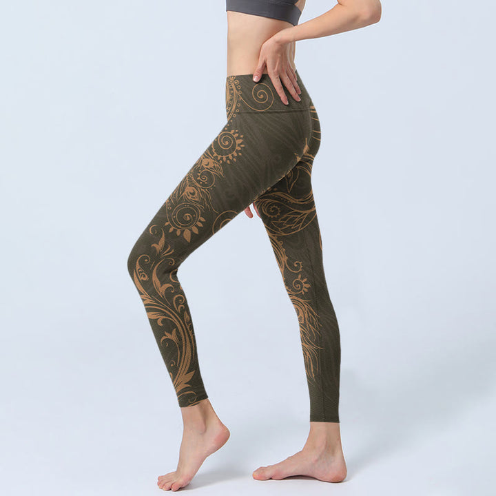 Leggings da palestra con stampa di piume di pavone e Buddha Stones, pantaloni da yoga da donna