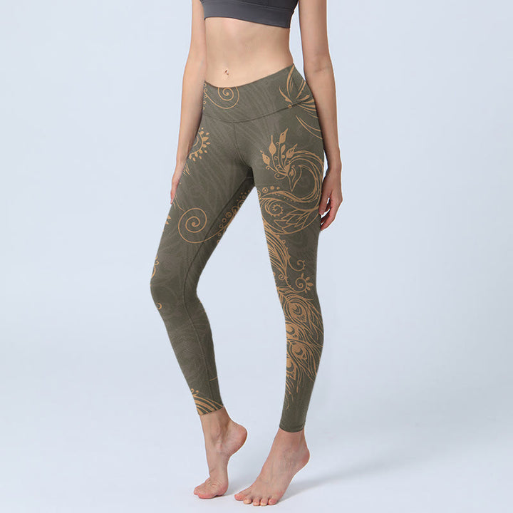 Leggings da palestra con stampa di piume di pavone e Buddha Stones, pantaloni da yoga da donna - Verde oliva scuro - US18, UK/AU22, EU50 (4XL) - image 0