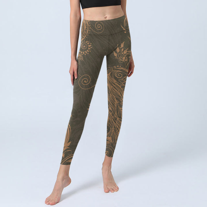Leggings da palestra con stampa di piume di pavone e Buddha Stones, pantaloni da yoga da donna